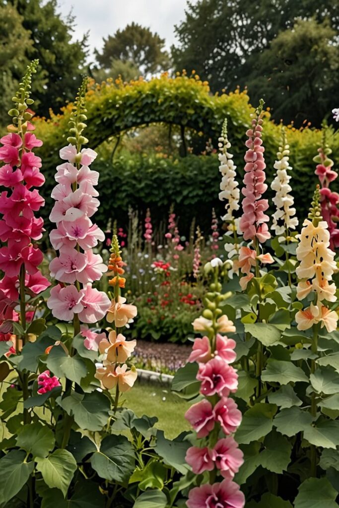 Colorful hollyhocks in a vibrant garden with a green archway, showcasing floral beauty and lush greenery.