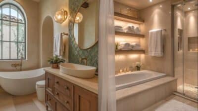 Luxurious bathroom with freestanding tub, wooden vanity, large mirror, and shelves with towels and candles.