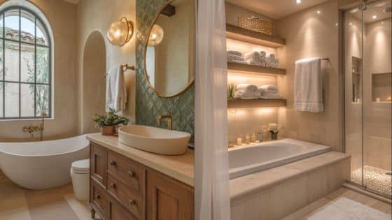 Creating Timeless Bathroom Designs That Increase Home Luxurious bathroom with freestanding tub, wooden vanity, large mirror, and shelves with towels and candles. | Sky Rye Design Luxurious bathroom with freestanding tub, wooden vanity, large mirror, and shelves with towels and candles.