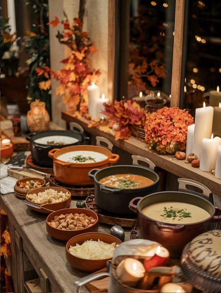 Cozy autumn dinner setup with soup pots, candles, and fall decor on a wooden table by the window.
