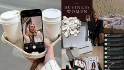 Collage of coffee, smartphone, businesswoman, laptop, and business-themed magazines highlighting entrepreneurial spirit.