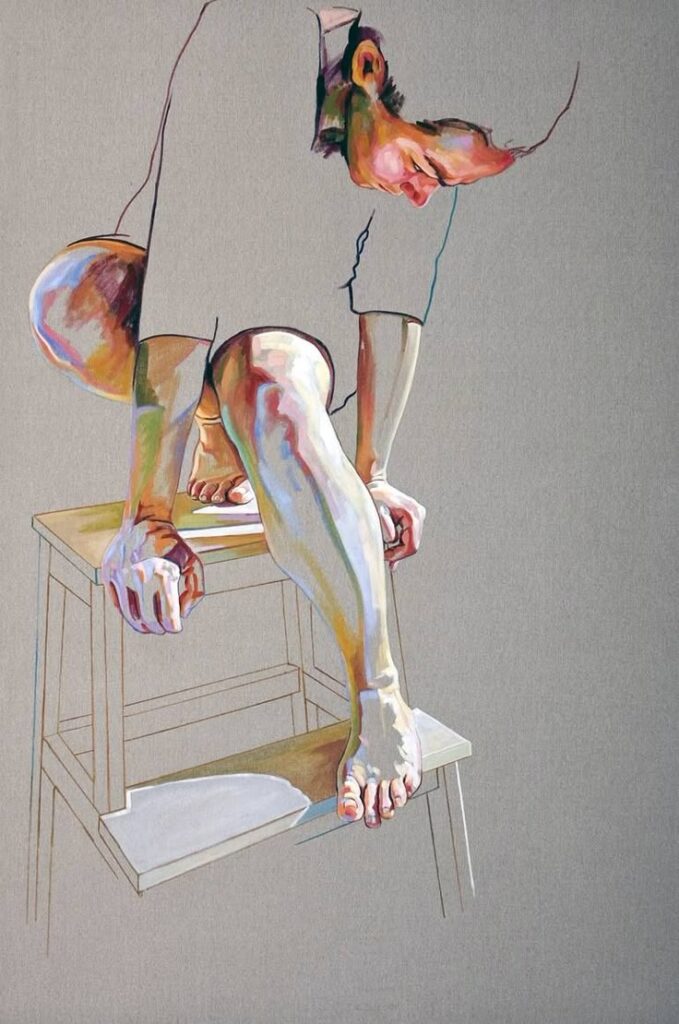 Surreal painting of a person crouching on a stool, featuring vivid colors and abstract facial features on a gray background.