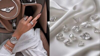 Luxury lifestyle with a watch and rings in a car, and sparkling diamonds on satin fabric, showcasing elegance and opulence.