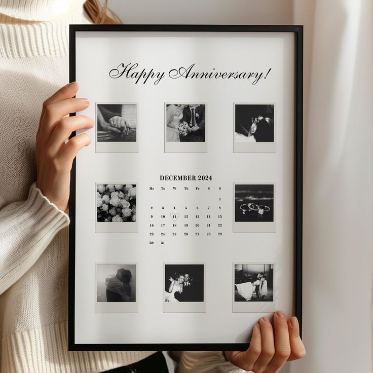 Custom Polaroid Photo Frame 1st 2nd 3rd 5th 9th Anniversary Gift for Couples Printable Canva Template 8 Photo Personalized Keepsake P190 Anniversary-themed photo collage with December 2024 calendar, framed and held by person in a white sweater. | Sky Rye Design Anniversary-themed photo collage with December 2024 calendar, framed and held by person in a white sweater.