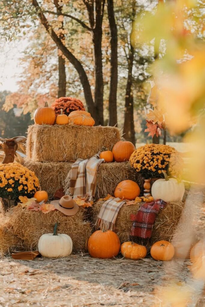 Autumn scene with pumpkins, hay bales, plaid blankets, and colorful flowers under sunlit trees. Perfect fall harvest decor.