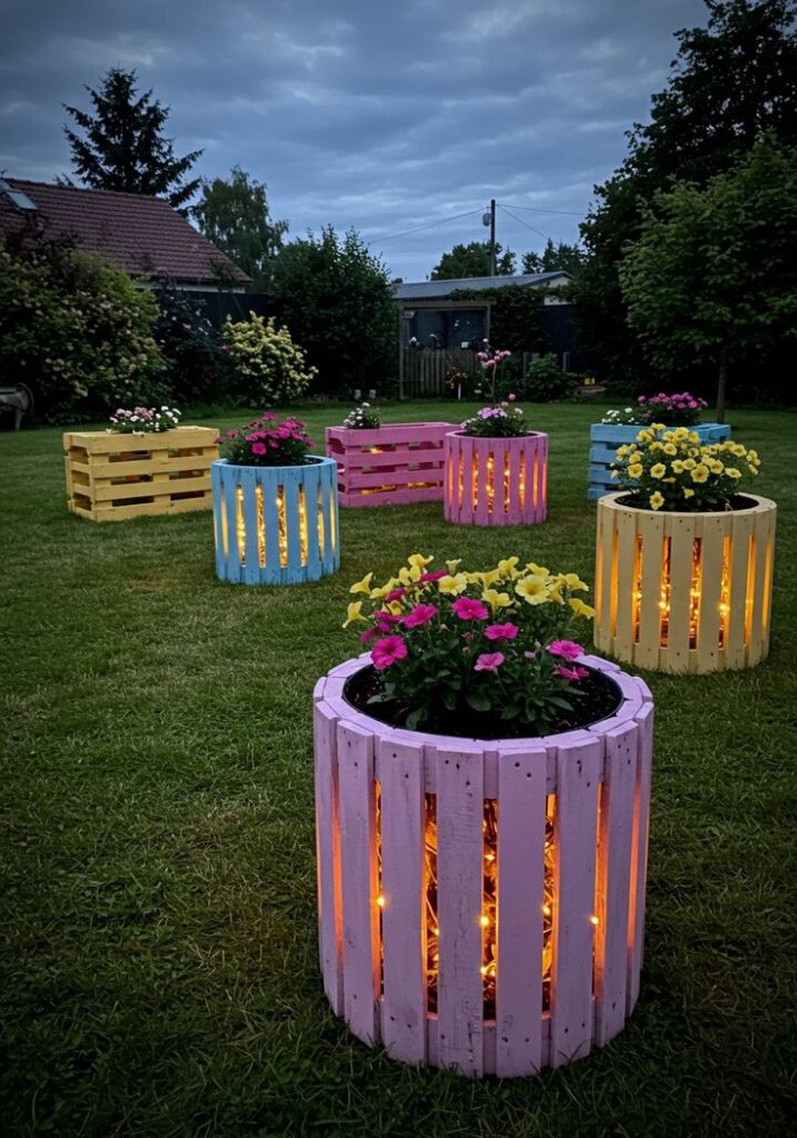 Colorful pallet planters with glowing lights and flowers brighten a garden at dusk. Cozy outdoor decor.
