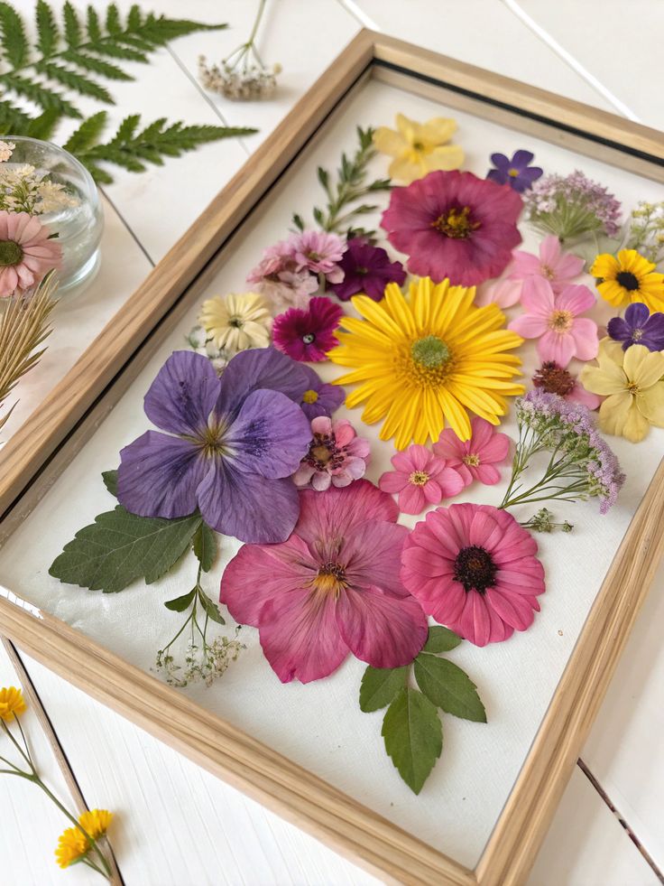 Framed display of vibrant pressed flowers showcasing yellow, purple, and pink blossoms with green leaves.