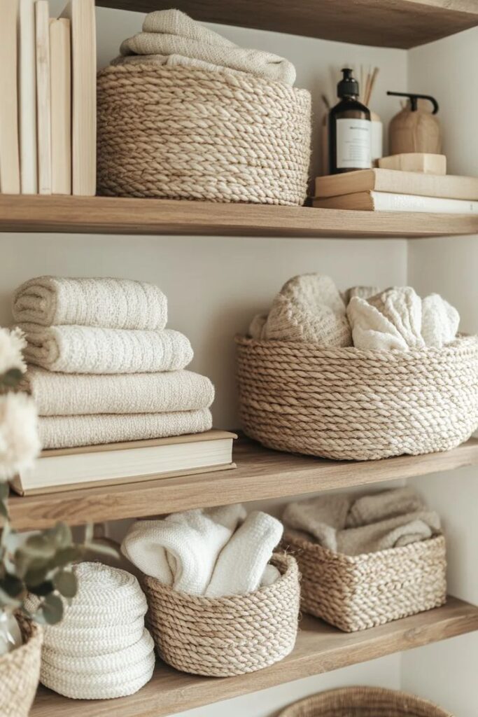 Neatly arranged bathroom shelves with beige towels and rope baskets for stylish and functional decor.