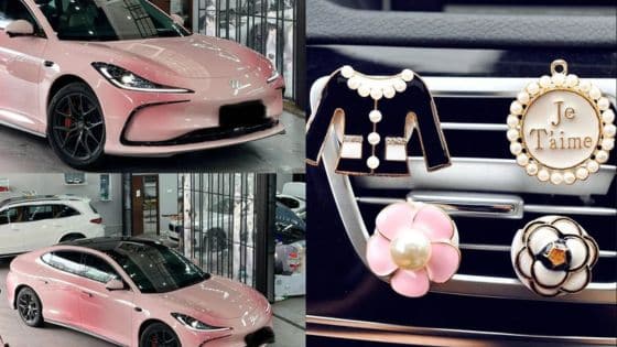 DIY car upgrades Pink luxury car with decorative interior accessories, including a flower and Je T'aime pendant, in a showroom. | Sky Rye Design Pink luxury car with decorative interior accessories, including a flower and Je T'aime pendant, in a showroom.