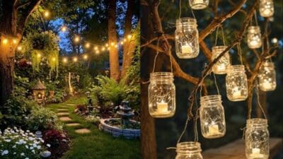 Enchanting garden path adorned with glowing string lights and mason jar candles, creating a magical nighttime atmosphere.