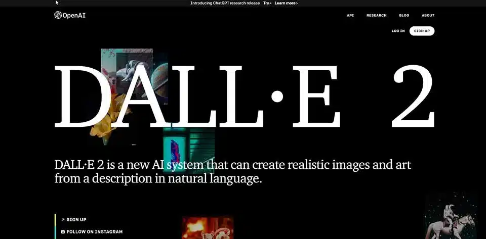 DALL-E 2 homepage showcasing AI-powered image creation from text descriptions by OpenAI.