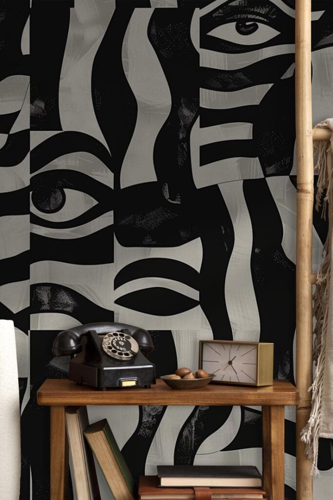Dark Abstract Art Wallpaper Large Modern Wallpaper Peel and Stick Self Adhesive Wallpaper Art Deco Wallpaper Modern Mural Vintage telephone on wooden shelf, abstract black and white wallpaper with eyes in background. Retro interior decor. | Sky Rye Design Vintage telephone on wooden shelf, abstract black and white wallpaper with eyes in background. Retro interior decor.