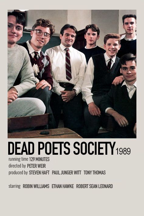Dead Poets Society 1989 movie poster with cast, directed by Peter Weir, starring Robin Williams, Ethan Hawke.
