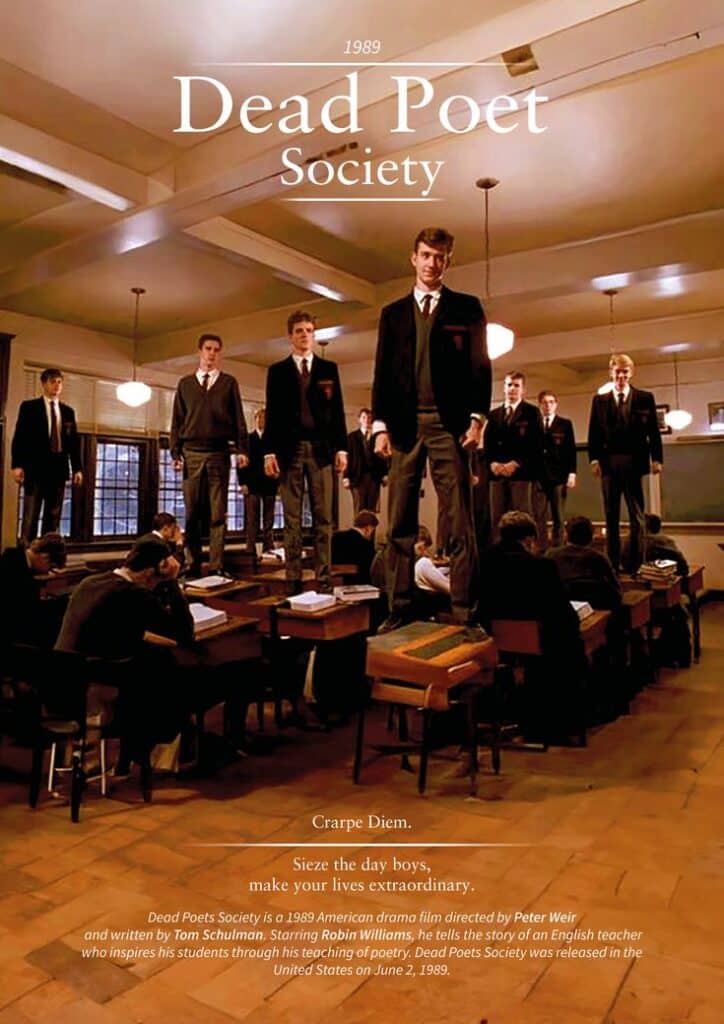 Scene from Dead Poets Society with students standing on desks, embodying the Carpe Diem spirit.
