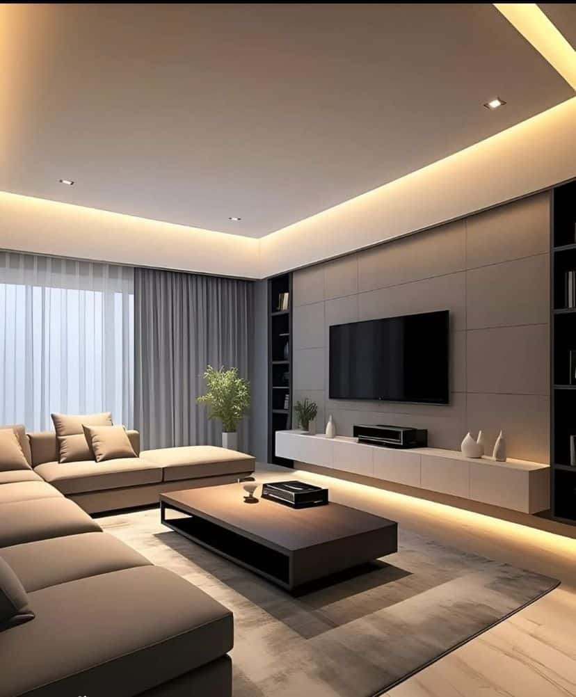 Modern living room with sleek furniture, ambient lighting, large TV, and elegant decor.