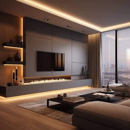Modern living room with sleek decor, large windows, cozy seating, and ambient lighting overlooking cityscape.