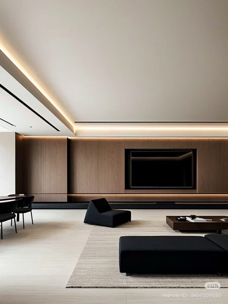 Minimalist living room with modern furniture, wooden paneling, and ambient lighting.