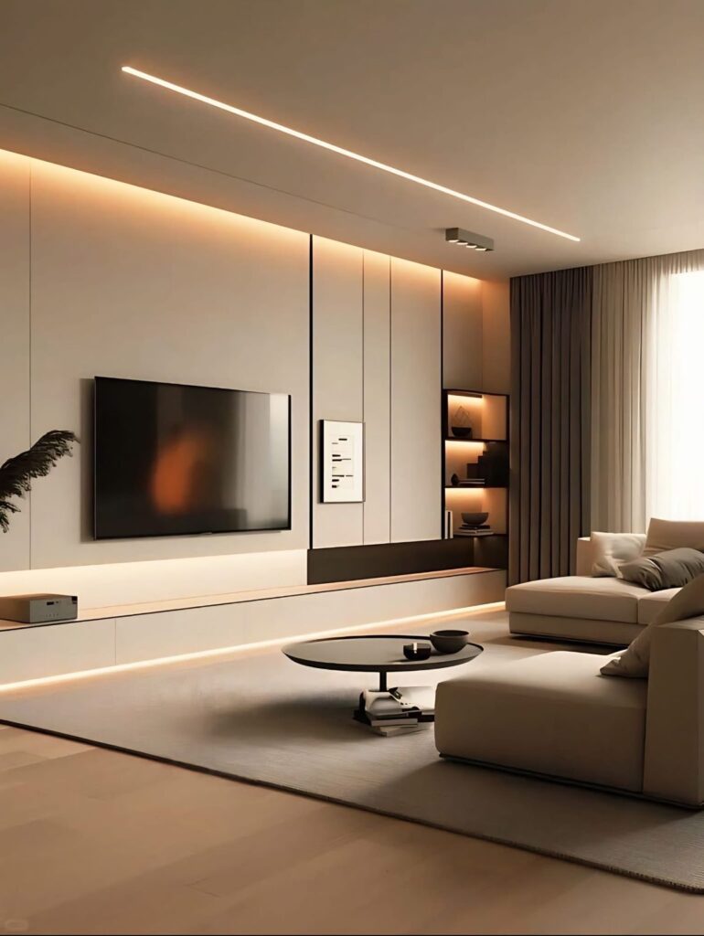 Modern minimalist living room with ambient lighting, beige sofa, wall-mounted TV, and sleek shelving.