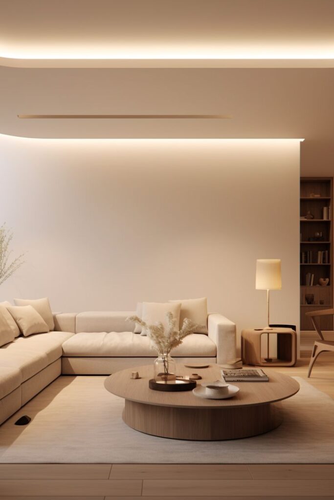 Modern living room with beige sectional sofa, round wooden coffee table, and warm lighting for a cozy ambiance.