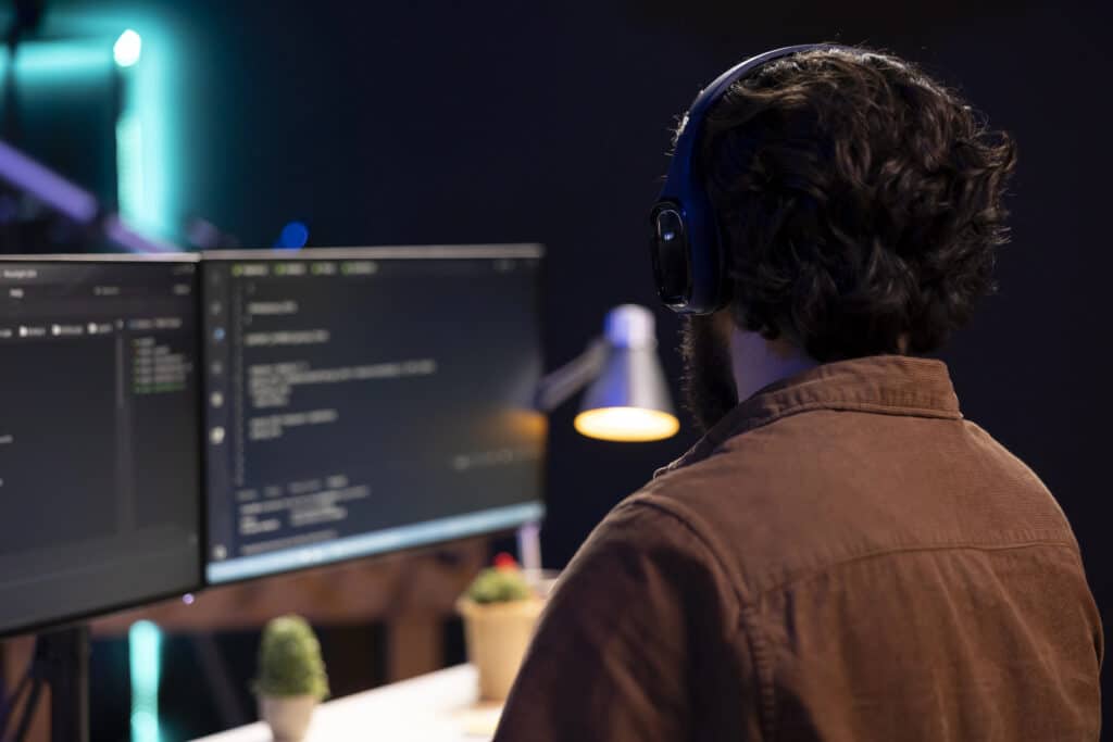 Man coding on dual monitors, wearing headphones, in a dimly lit office setting.