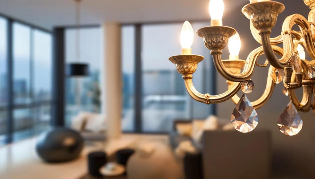 Elegant chandelier illuminating a modern living room with large windows and city view.