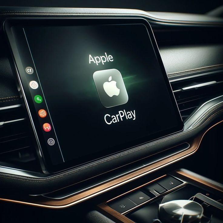 Close-up of car dashboard display showing Apple CarPlay interface.