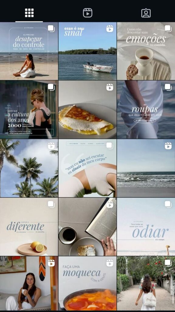 Instagram grid with beach, food, nature, and lifestyle images, featuring inspirational text overlays.