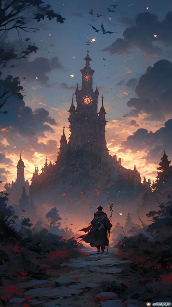 Fantasy castle at twilight, towering over a lone traveler on a path, surrounded by birds and glowing clouds.