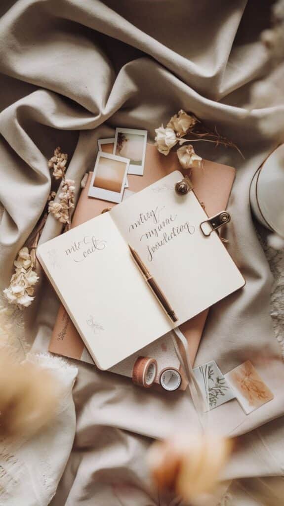 Open journal with calligraphy, surrounded by dried flowers, photos, and stationery on fabric. Cozy and artistic workspace.