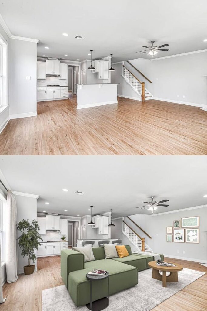 Modern open living room with kitchen, empty and furnished, showcasing spacious layout and stylish decor.