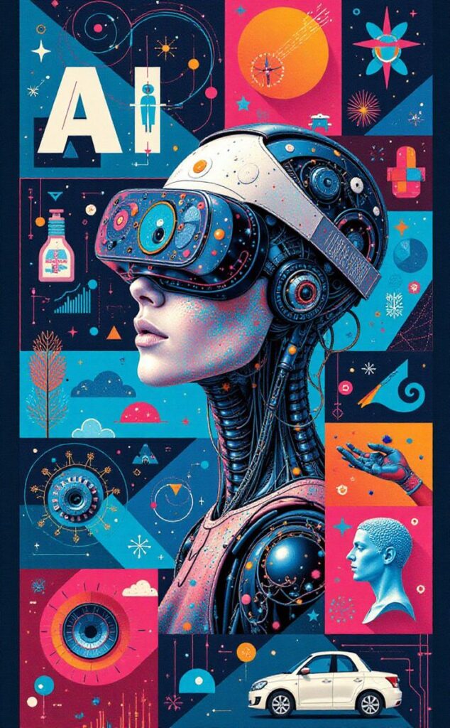 Futuristic artwork of AI with a robotic figure, VR headset, and technological icons in vibrant colors.