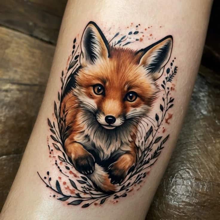 Realistic fox tattoo with detailed foliage on a forearm, showcasing intricate art and vivid colors.
