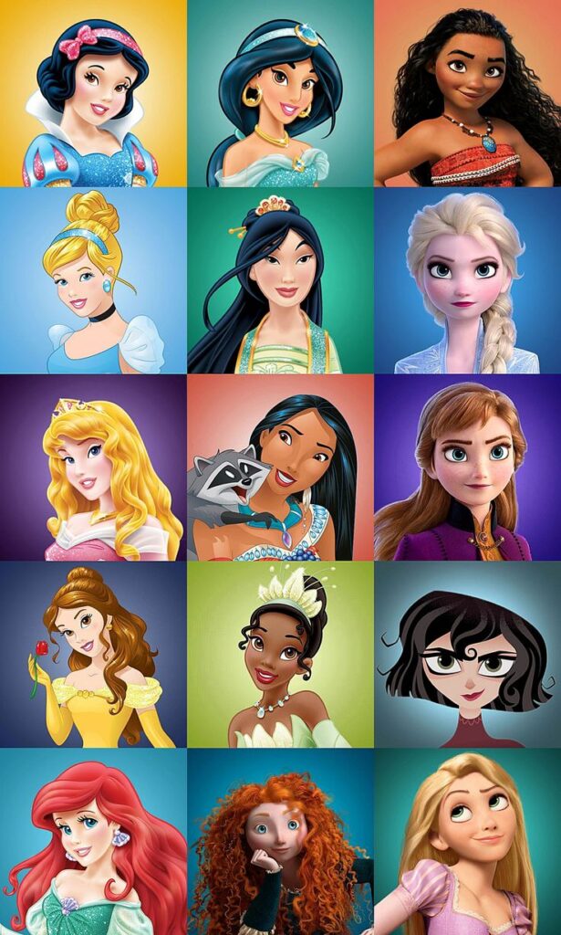 Colorful collage of various animated princess characters with unique backgrounds and expressions.