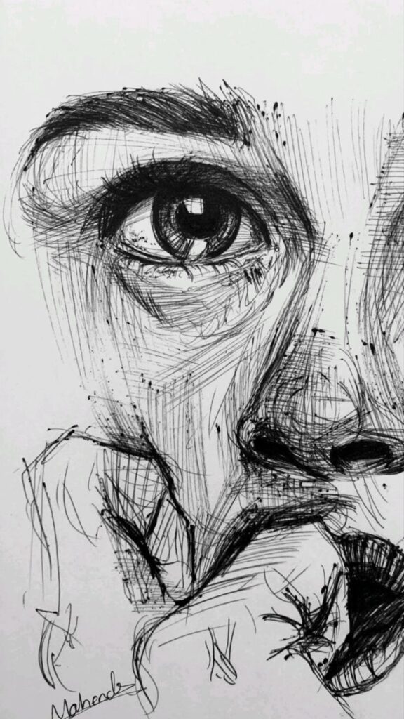 Sketch of a face with detailed eye and nose, showcasing intricate cross-hatching and expressive lines.