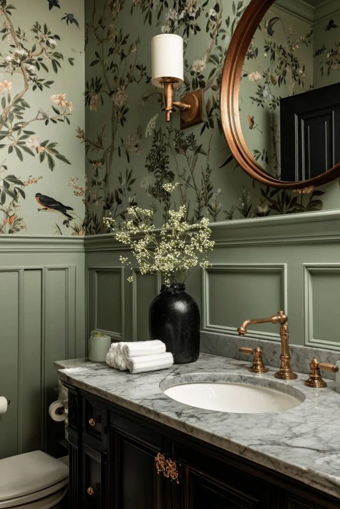Elegant bathroom with floral wallpaper, marble countertop, and bronze fixtures for a sophisticated touch.