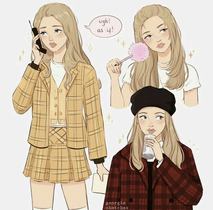 Three stylish cartoon girls in plaid outfits, one using a cellphone, another with a fluffy pen, and one drinking.