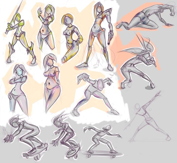 Dynamic poses I Dynamic sketchbook of stylized human figures in various action poses and outfits, showcasing artistic creativity and movement. | Sky Rye Design Dynamic sketchbook of stylized human figures in various action poses and outfits, showcasing artistic creativity and movement.