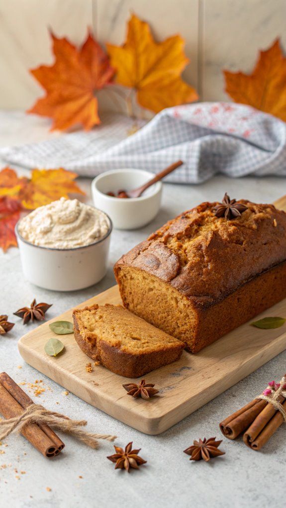 Pumpkin spice loaf and cinnamon sticks on a wooden board with fall leaves in the background. Cozy autumn baking.