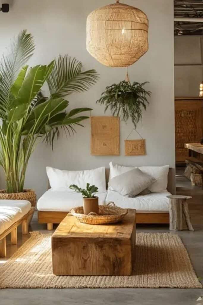 Cozy living room with white sofas, wooden coffee table, large plant, wicker light fixture, and neutral decor.