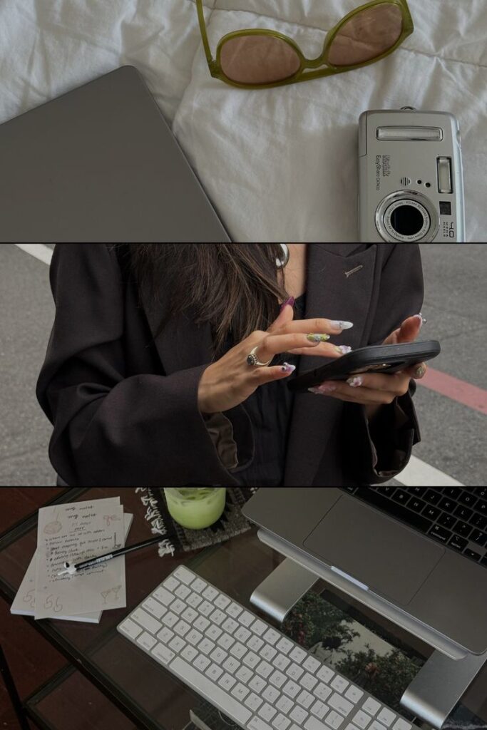 Laptop, sunglasses, camera on bed; woman using smartphone; desk with keyboard, laptop, notes, and matcha latte.
