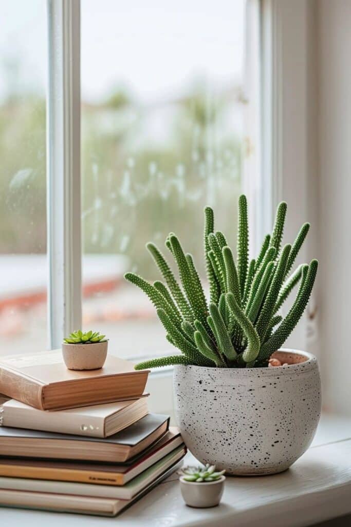 Cactus in a stylish pot on a windowsill beside a stack of books, bathed in natural sunlight.