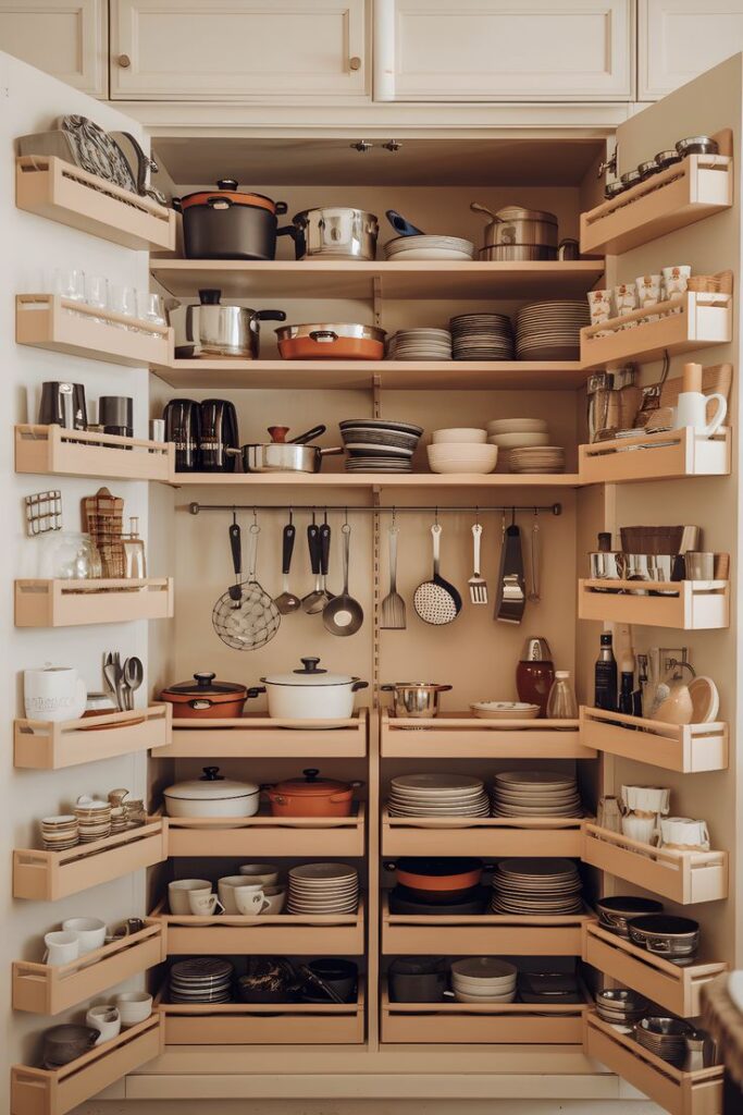 Organized kitchen cabinet with neatly arranged pots, pans, dishes, and utensils on shelves and racks.