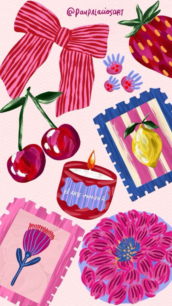 Colorful digital art with cherries, flowers, a bow, and a candle on a pastel background.
