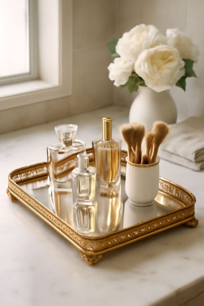 Elegant vanity setup with perfume bottles, makeup brushes in a gold tray, and white roses in a vase on a marble countertop.