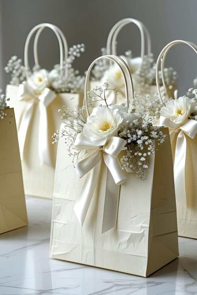 Elegant gift bags with white flowers and ribbons for special occasions.