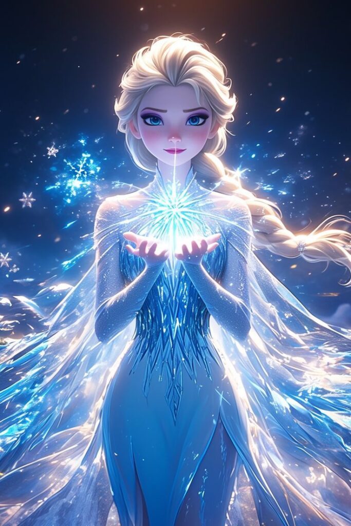 Fantasy character in an icy gown conjuring a glowing snowflake, surrounded by magical winter elements.