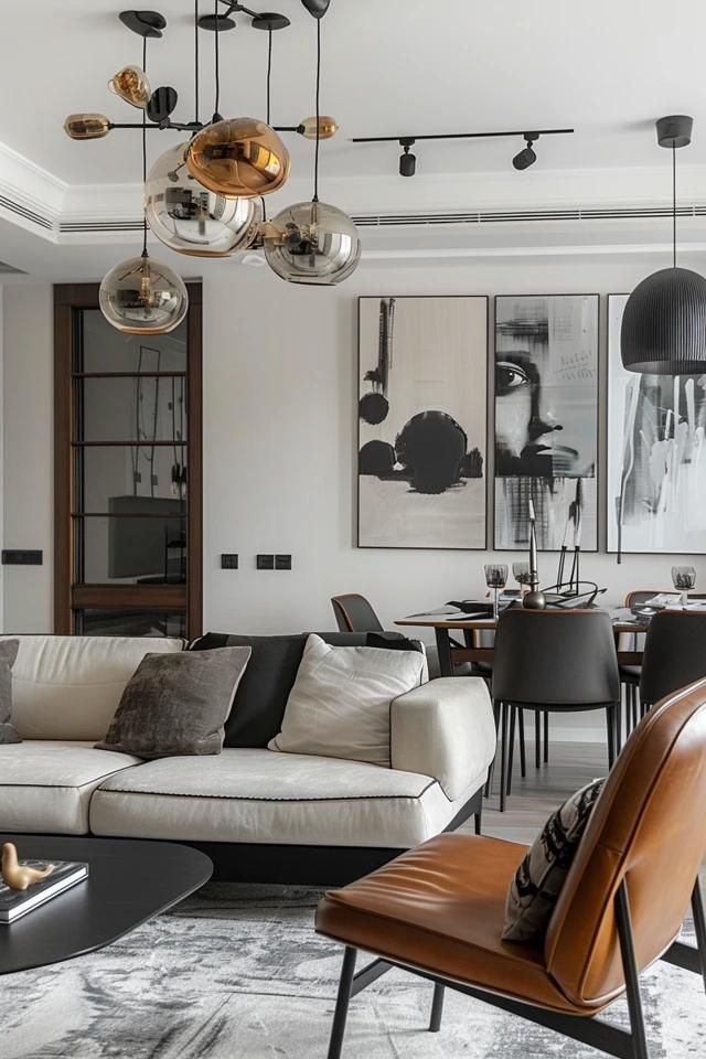 Modern living room with stylish furniture, abstract art, and unique pendant lights. Cozy and elegant interior design.