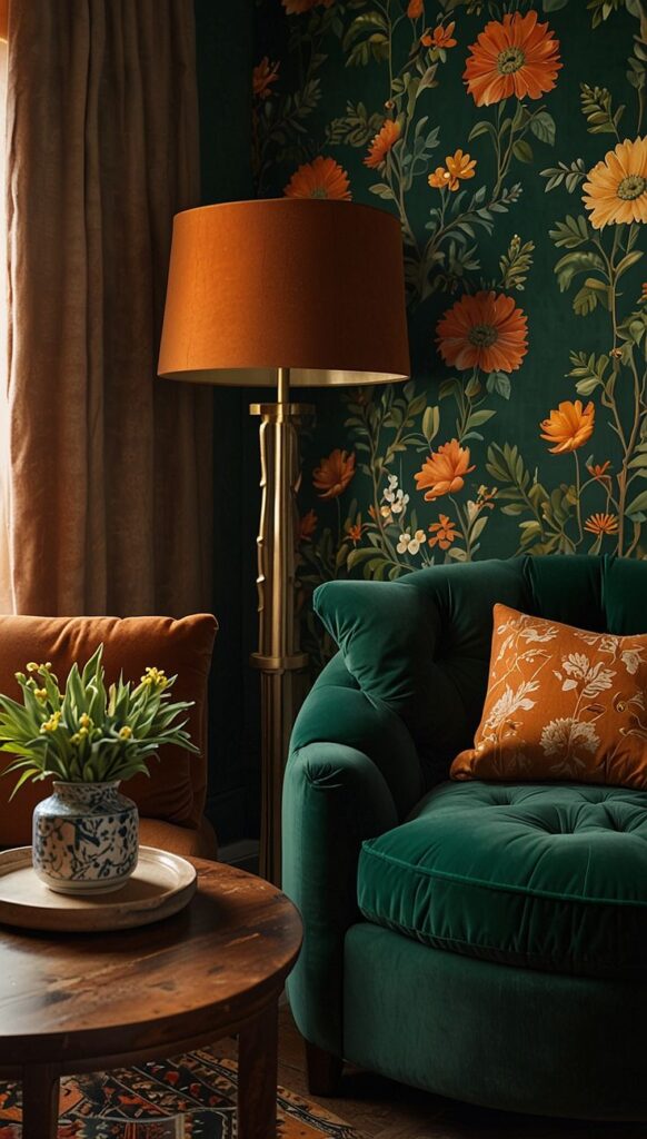 Emerald Green Brown Living Room_ Aesthetic Earthy Decor Ideas ✨ Cozy living room with floral wallpaper, green sofa, orange pillow, and a warm lamp creating a vintage ambiance. | Sky Rye Design Cozy living room with floral wallpaper, green sofa, orange pillow, and a warm lamp creating a vintage ambiance.