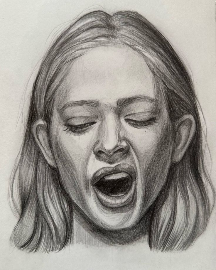 Pencil sketch of a woman yawning with eyes closed, showcasing detailed shading and expression.