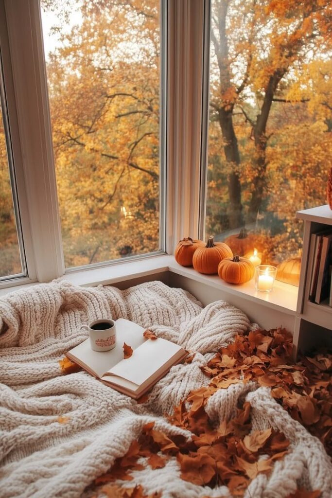 Cozy autumn reading nook with blankets, pumpkins, and a coffee mug by the window overlooking fall foliage.